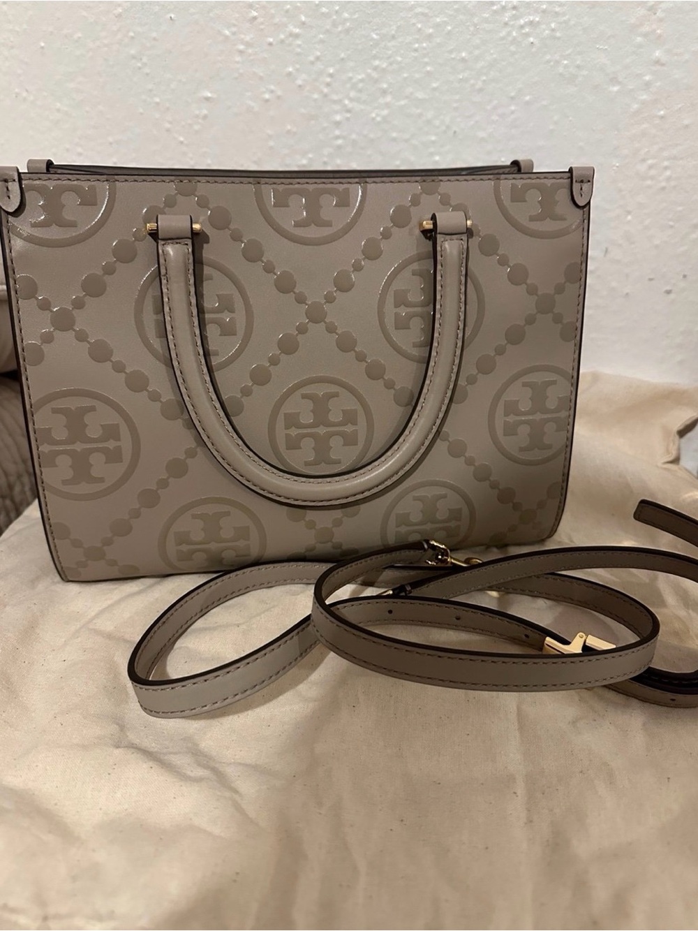 Tory Burch “T” Logo-Embossed Satchel with Detachable Strap